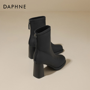 Daphne达芙妮 8cm超高跟~黑色短靴女小个子粗跟瘦瘦靴法式小踝靴