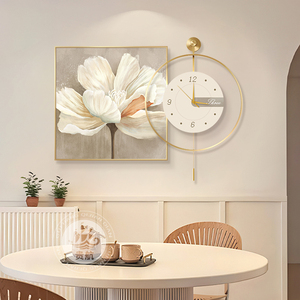 奶油风挂钟餐厅装饰画带钟表现代简约餐桌背景墙挂画轻奢客厅壁画
