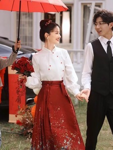 新中式改良汉服红色马面裙套装秋冬大码高级感回门服敬酒订婚裙子