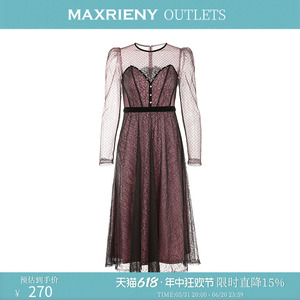 【奥莱】MAXRIENY秋季修身显瘦波点网纱裙气质优雅提花蕾丝连衣裙