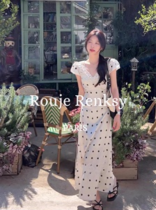 法国Rouje Renksy法式波点短袖连衣裙女夏季蕾丝拼接V领收腰A字裙