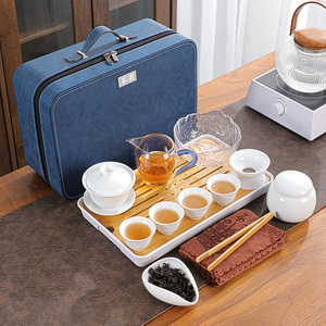 车载羊脂玉旅行茶具陶瓷盖碗茶壶杯白瓷家用简约中式整套便携定制