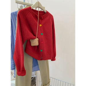新年红色羊毛羊绒短款毛衣女秋冬设计感小众春秋内搭针织开衫外套