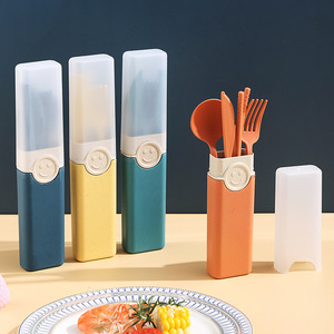 筷子勺子套装上班族学生塑料便携式餐具可爱四件套单人旅行收纳盒