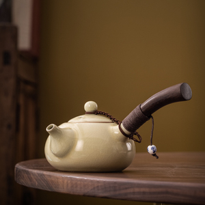 米黄汝窑黑檀木侧把壶家用办公室会客功夫茶具泡茶壶陶瓷茶壶单壶