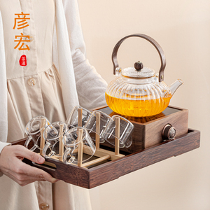 胡桃木电陶炉煮茶器陶瓷烧水壶白茶黑玻璃煮茶壶家用电热茶炉套装