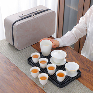 茶具套装陶瓷家用户外羊脂玉描金盖碗杯茶盘旅行包收纳干泡盘整套