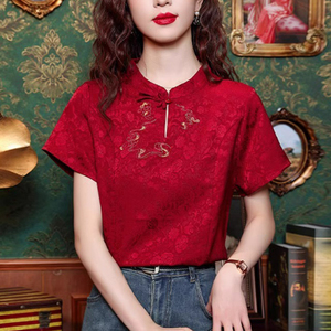 新中式刺绣缎面衬衫女妈妈夏装短袖T恤遮肚唐装红色上衣国风小衫