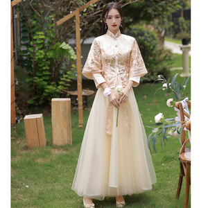 中式伴娘服夏2023新款金色秀禾中国风长款礼服裙新娘显瘦姐妹