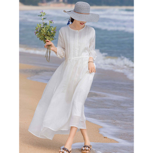双层棉麻七分袖连衣裙女夏季高级感宽松轻薄大摆飘逸海边沙滩长裙