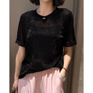 韩式设计感亮片丝绒时尚短袖t恤女2024夏季新款宽松百搭黑色上衣