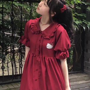 红色连衣裙女夏季初中高中学生学院风元气甜美可爱复古娃娃领裙子