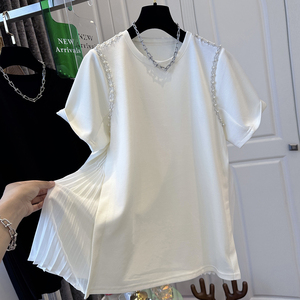 Kmi 法式白色珍珠拼接百褶短袖T恤女上衣宽松洋气独特2024夏新款