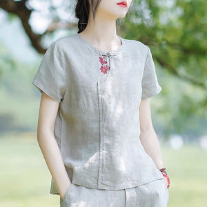 棉麻中式国风T恤复古女装夏季2024新款宽松休闲上衣短款短袖小衫