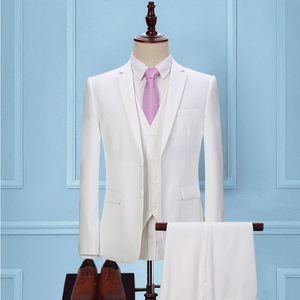 春秋白色西服套装男纯色商务休闲西服三件套修身青年礼服结婚正装