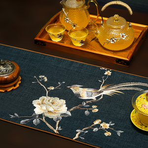 棉麻刺绣花鸟桌旗新中式茶席家用茶几桌布沙发搭巾会客茶道装饰巾