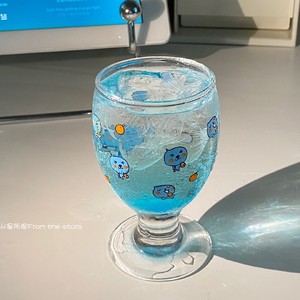可爱透明玻璃杯卡通高脚水杯子果汁杯牛奶杯家用饮料杯子情侣杯子
