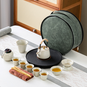 汝窑旅行功夫茶具小套装户外便携式家用陶瓷泡茶壶盖碗茶碗杯茶盘