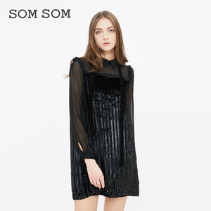 索玛SOMSOM春装2019款女个性通勤气质纯色拼接网纱短裙
