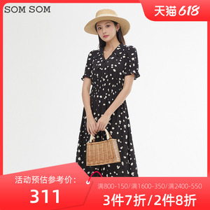 SOMSOM/索玛圆点印花连衣裙女装中长高端法式优雅夏季V领短袖裙子