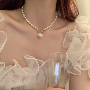 srrmhyn韩版新款珍珠项链女百搭夏天颈链小众设计爱心仙气锁骨链