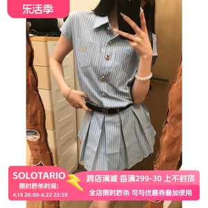 SOLOTARIO学院风条纹衬衫连衣裙短袖女夏设计感短裙收腰显瘦裙子