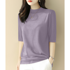高级紫色半高领冰丝短袖t恤上衣女夏季新款正肩宽松五分袖针织衫