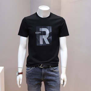 IDIJ夏季新款男士字母印花短袖t恤衫2024韩版青年修身版半袖上衣