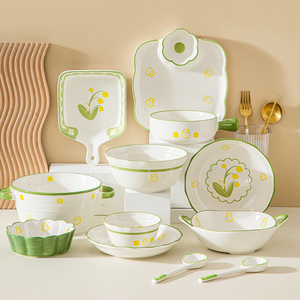清新绿色铃兰陶瓷碗碟套装组合釉下彩家用米饭碗大汤碗菜盘小吃盘