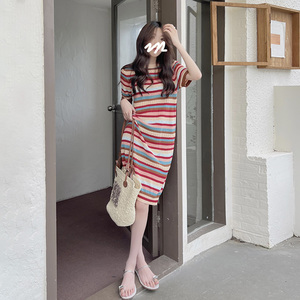 韩版圆领短袖慵懒风宽松女夏季气质显瘦中长款彩条纹针织连衣裙子