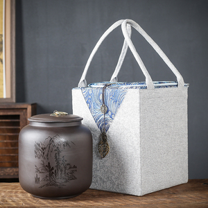 紫砂茶叶罐大号黑陶密封储存醒茶罐家用一斤装吉祥普洱布袋包装盒