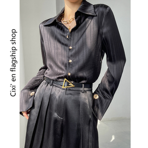 冷淡风黑色衬衫女设计感小众长袖洋气宽松缎面衬衣春装2023年新款