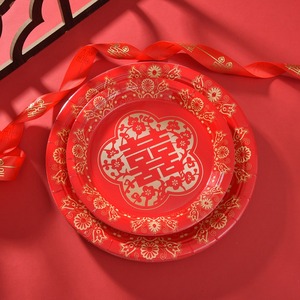 一次性烫金纸盘圆形喜庆婚礼红色纸质餐盘红色干果盘子婚庆餐盘