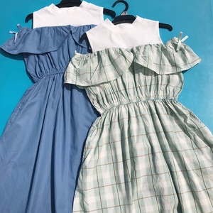 日单儿童夏季裙子女童纯棉短袖连衣裙中大童露肩假两件裙130-160c