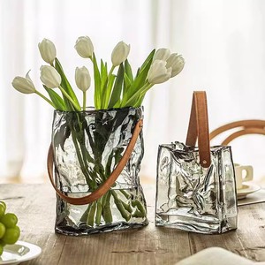 创意玻璃花瓶手提皮带异形造型插花水养客厅新款灰色方瓶装饰摆件