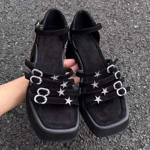星星水钻厚底凉鞋女2024夏季新款设计感Y2芭比一字扣带露趾高跟鞋