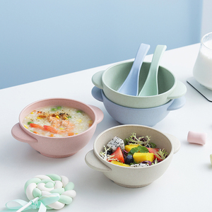 小麦秸秆餐具单个家用宝宝辅食双耳碗儿童碗防摔微波炉汤碗送勺子