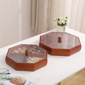 干果盒客厅创意结婚糖果盒分格收纳盒透明盖乌檀木中式瓜子糖果盘
