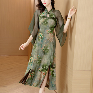 夏季大码女装连衣裙复古中国风时尚高端气质桑蚕丝真丝改良旗袍裙