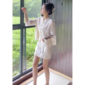 新中式国风刺绣连衣裙套装女装夏季超仙气质盘扣上衣开叉裙两件套