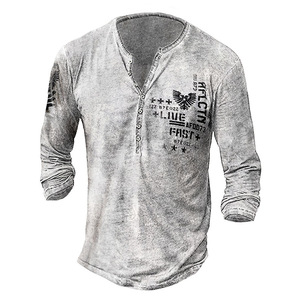 Long Sleeve Buttoned Vintage Print T-Shirt长袖复古印花T 恤男