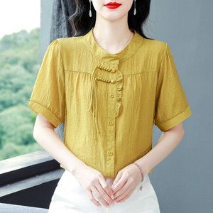 新中式轻国风复古盘扣短袖衬衫女士夏季天丝棉麻质感衬衣减龄上衣