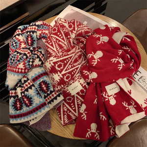 红色围巾女冬季百搭高级感中国红格子毛线针织冬款围脖圣诞新年男