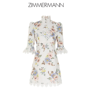 Zimmermann度假新款 亚麻花卉图案贴花细节喇叭袖新中式连衣裙