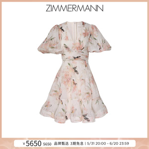 Zimmermann 2024春季新款珊瑚粉花鸟图案褶饰泡泡短袖迷你连衣裙