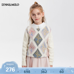 LynnMilo琳麦罗童装女童洋气针织衫冬季 民族风绣花圆领套头毛衣
