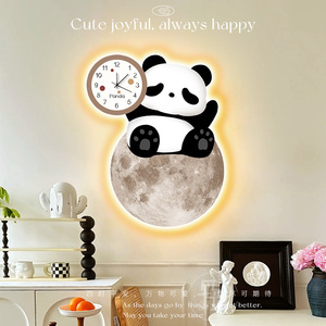 月球熊猫钟表挂钟客厅装饰画餐厅氛围灯挂画免打孔时钟挂墙壁画