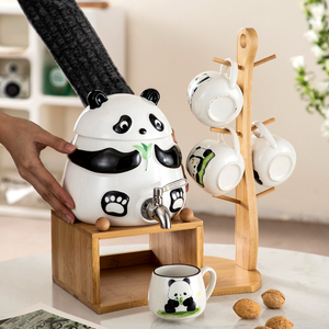 卡通熊猫水具套装家用陶瓷耐高温冷热水壶带龙头凉白开杯子架子桶