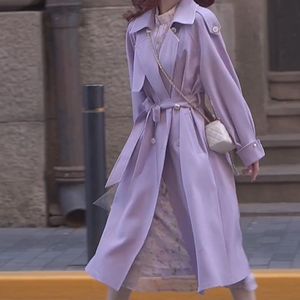 紫色风衣外套女春秋季新款韩版时尚休闲宽松中长款双排扣大衣