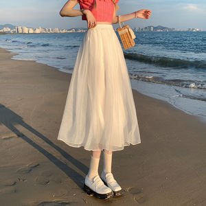白色纱裙半身裙女夏季2024新款高腰仙女裙网纱裙小个子显瘦a字裙